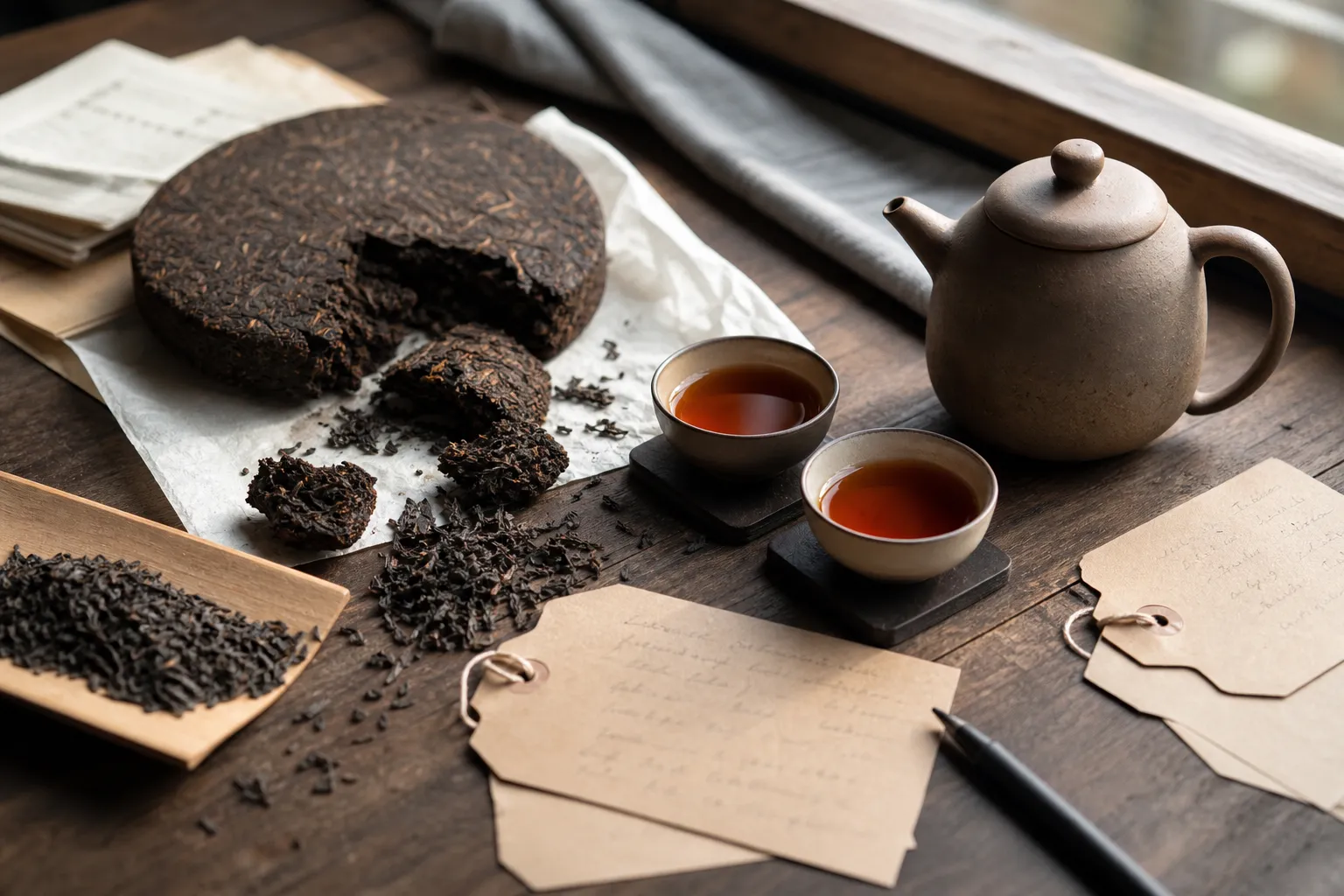 Dark tea leaves, tasting cups, and brewing notes arranged for practical dark tea comparison