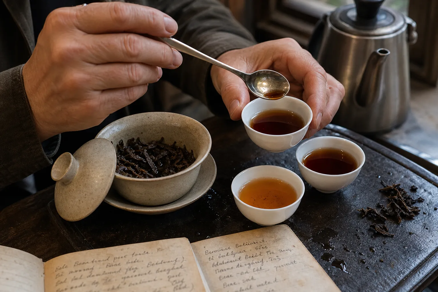 Hands comparing two dark tea tasting cups beside a gaiwan and steeping notes