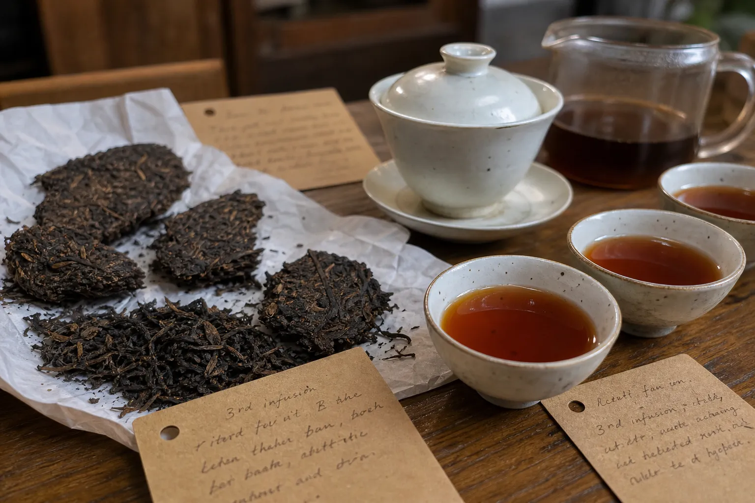 Dark tea samples, tasting cups, and handled notes used to check brewing guidance