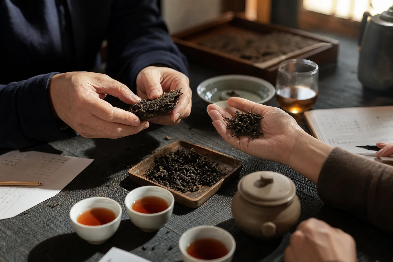 Hands comparing dark tea leaves, brewed cups, and marked tasting notes during an editorial review