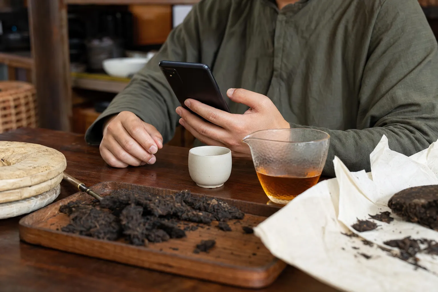 Reader checking a dark tea brewing note beside cups and compressed tea pieces
